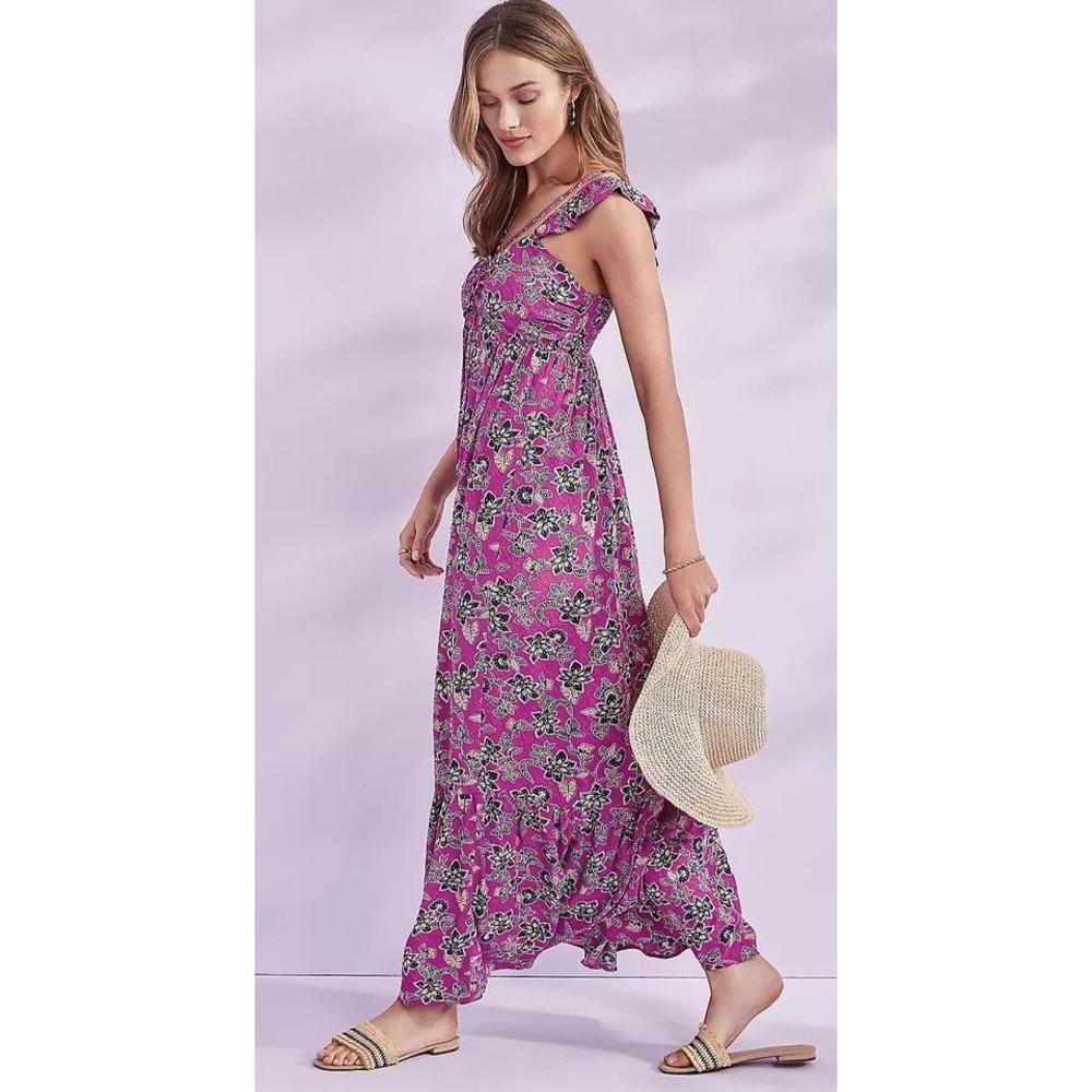 Loft Maxi Dress Womens 10 Purple Clover Hibiscus Floral Ruffle Summer NWT